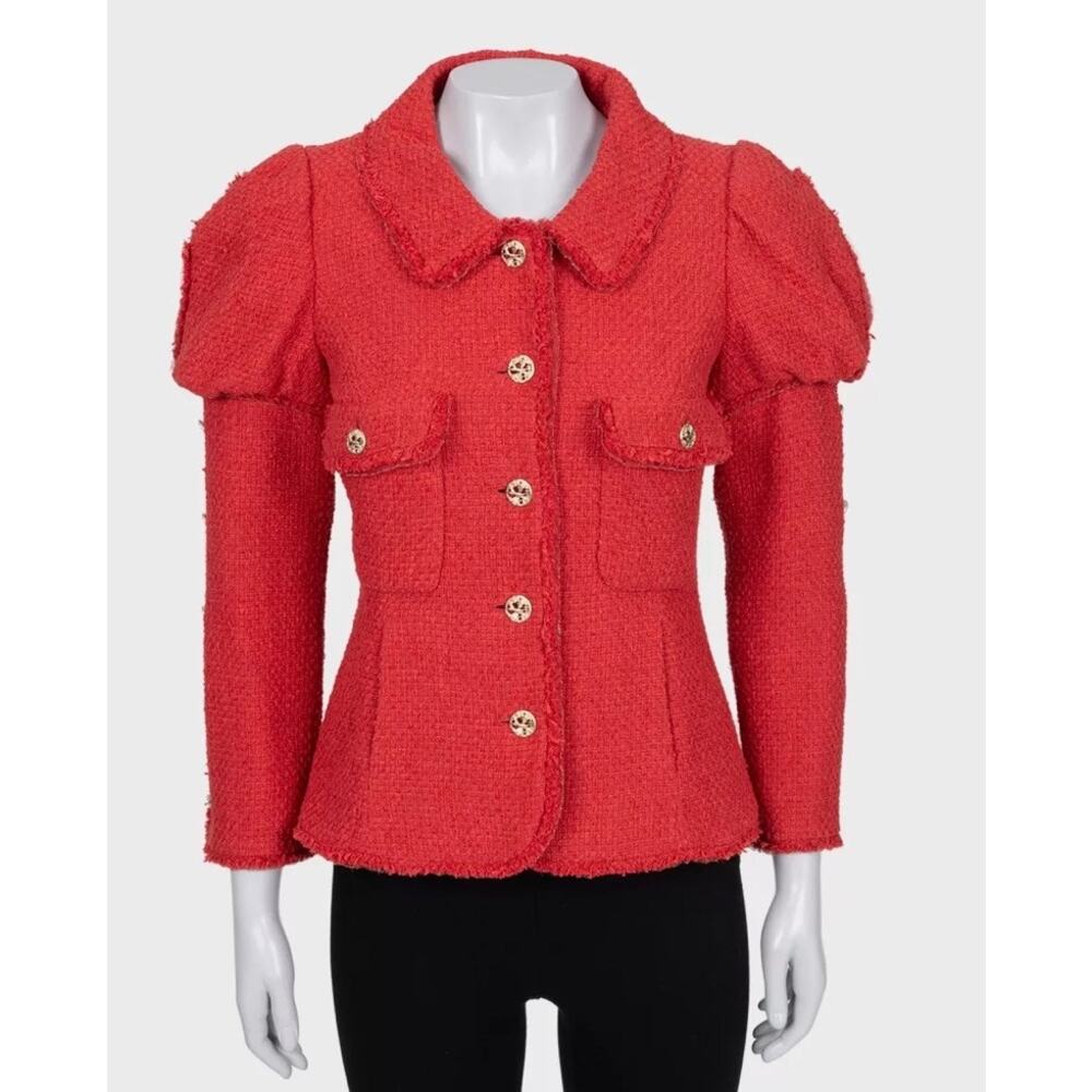 Chanel Spring 2010 Red Tweed Puffed Shoulders Jacket FR38